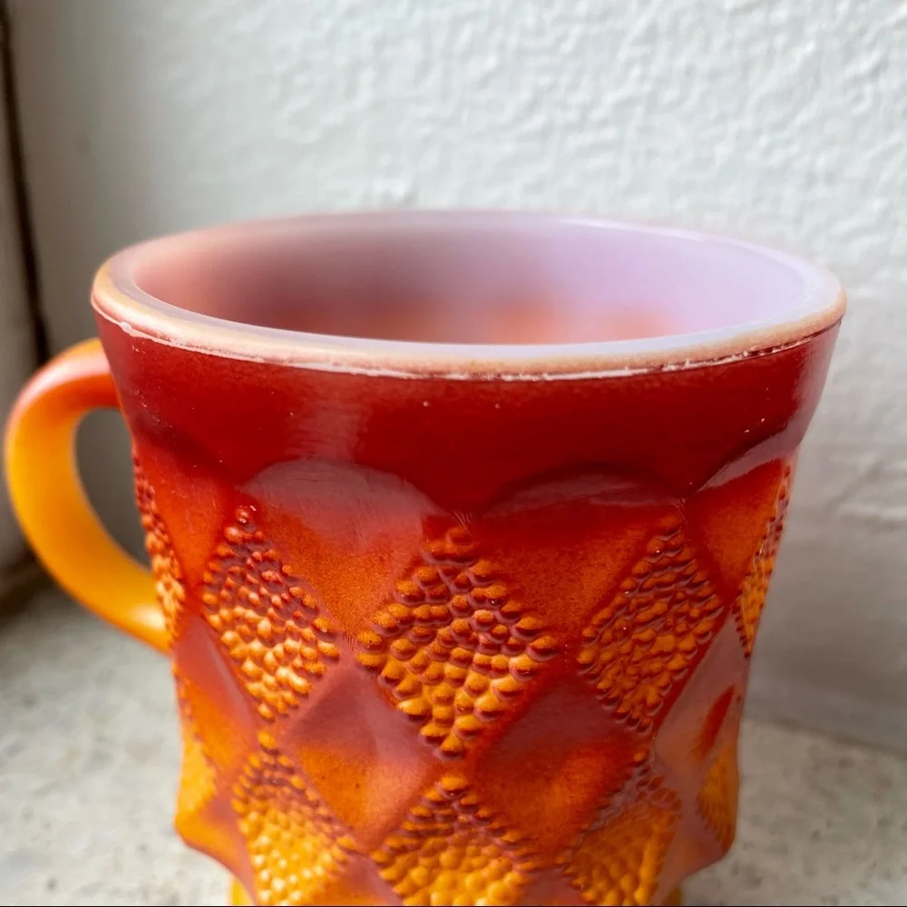 Vintage Fire King Red & Orange Diamond Anchor Hocking Coffee Mug Milk Glass